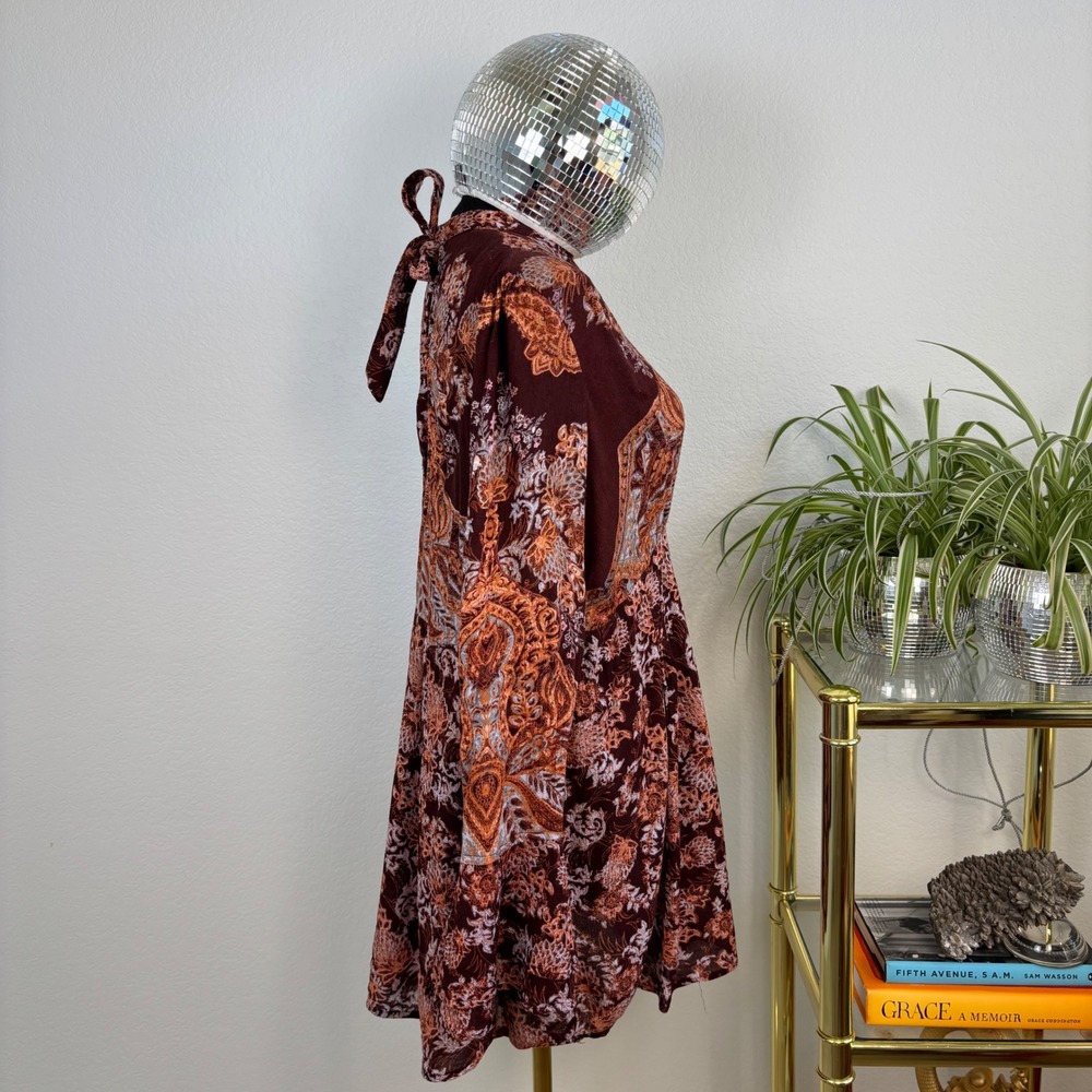 Free People Lady Luck Tunic Medium Burgundy Paisley Open Back Bell Sleeve Hippie - Picture 13 of 14